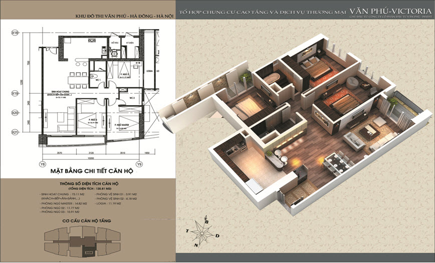 Thiết kế căn hộ chung cư Văn Phú Victoria diện tích 135 m2