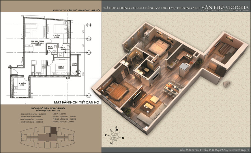 Thiết kế căn 86 m2 chung cư Văn Phú Victoria