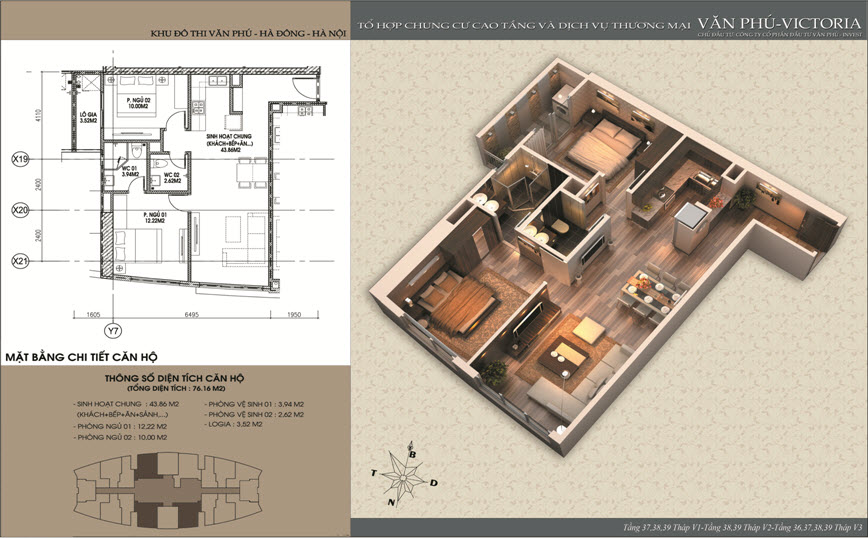 Thiết kế căn 76 m2 chung cư Văn Phú Victoria