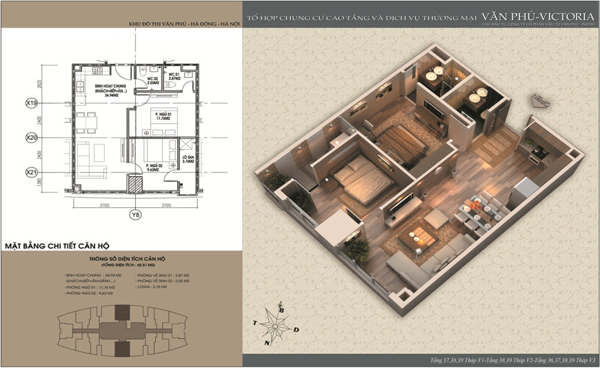 Thiết kế căn 65 m2 chung cư Văn Phú Victoria