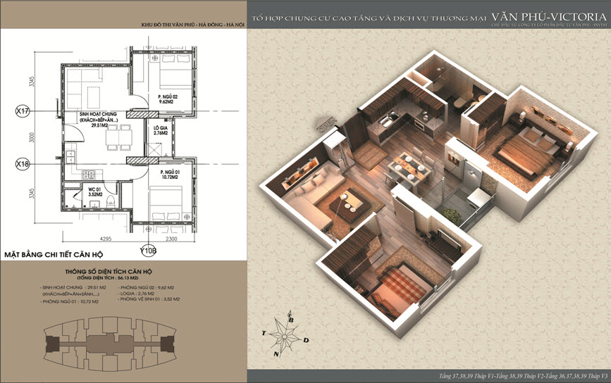 Thiết kế căn 56 m2 chung cư Văn Phú Victoria