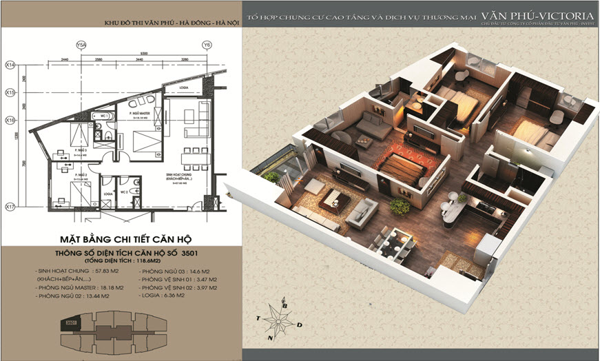 Thiết kế căn hộ chung cư Văn Phú Victoria căn góc 3 phòng ngủ