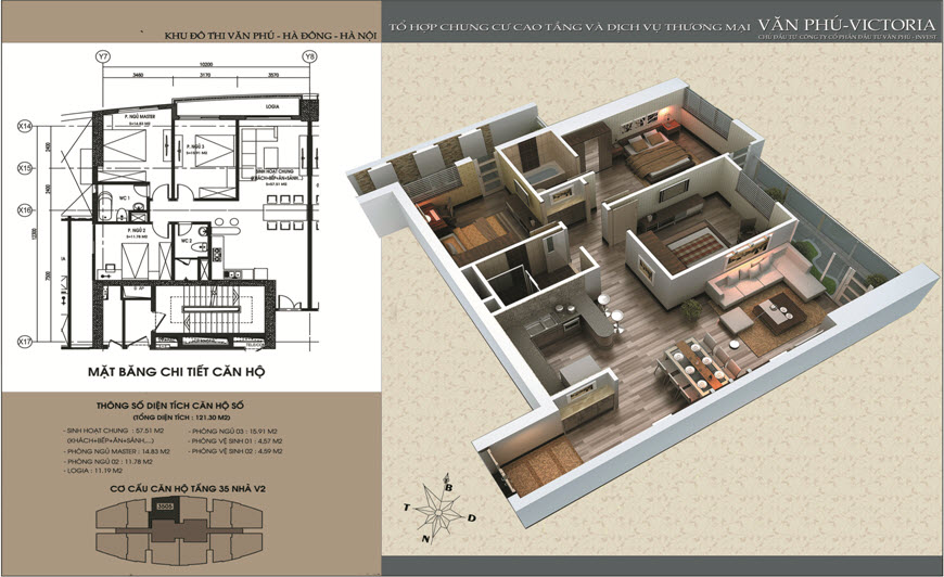 Thiết kế căn hộ chung cư Văn Phú Victoria căn số 05 3 phòng ngủ