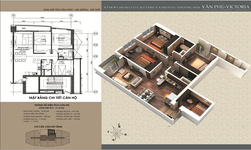 Thiết kế căn hộ chung cư Văn Phú Victoria căn số 07 3 phòng ngủ