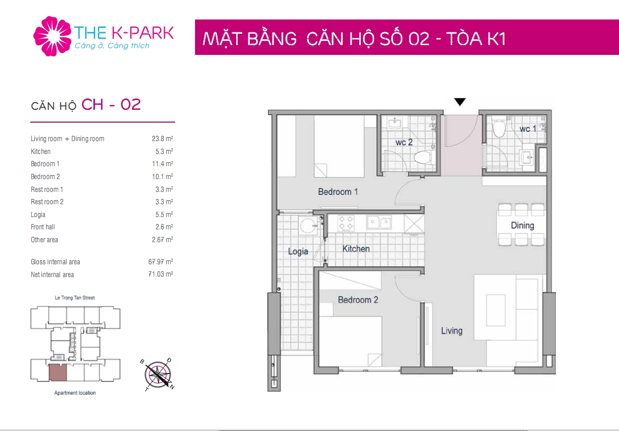 Mặt bằng thiết kế căn CH02 toà K1, K2, K3 chung cư The K Park Văn Phú