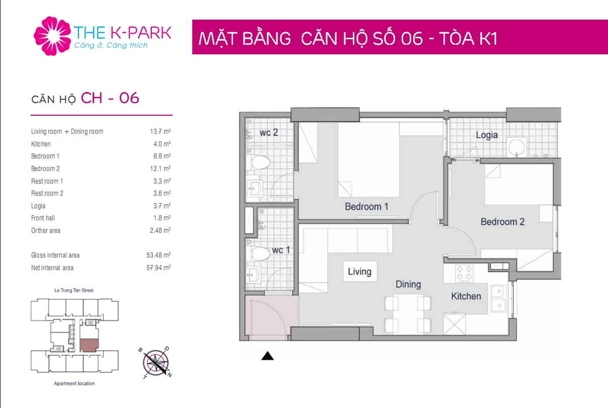 Mặt bằng thiết kế căn hộ CH-06 toà nhà The KPark Văn Phú