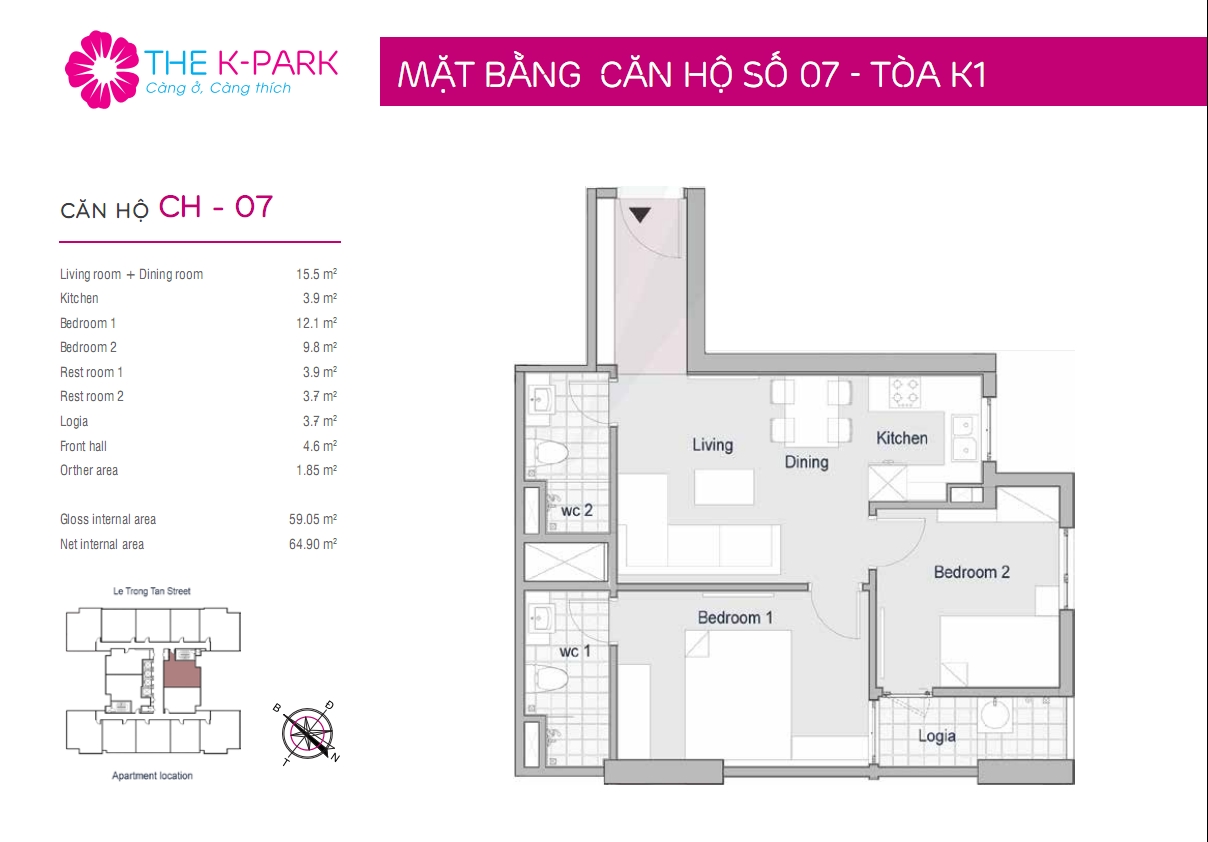 Mặt bằng căn hộ CH-07 toà K1, K2, K3 chung cư K Park Văn Phú