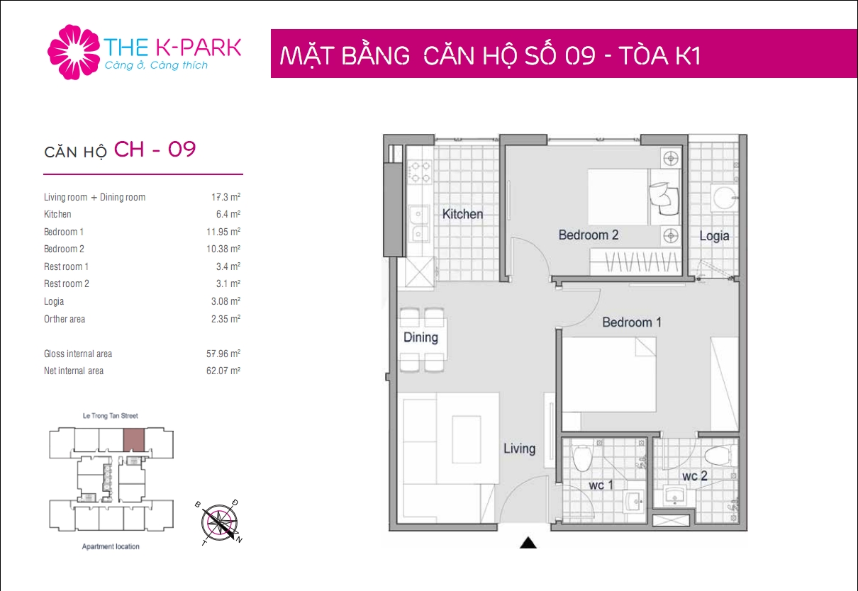 mặt bằng thiết kế căn hộ CH-09 chung cư The K Park Văn Phú